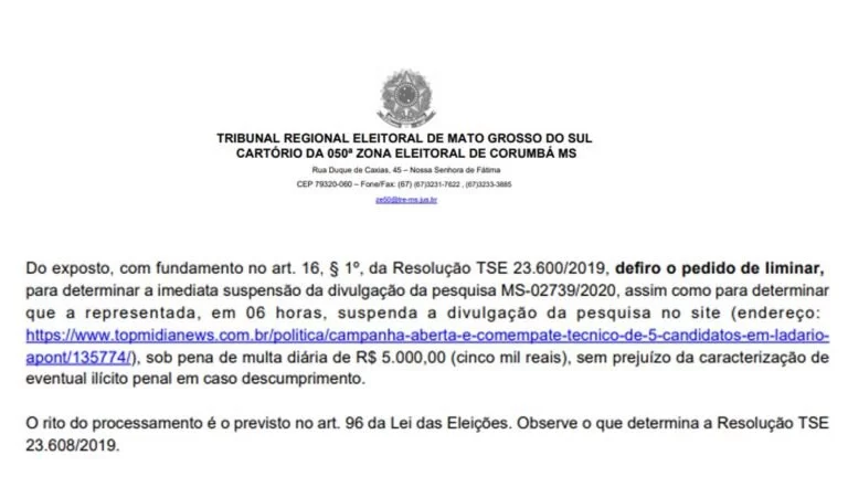 Justiça Eleitoral suspende pesquisa com registro irregular realizada em Ladário