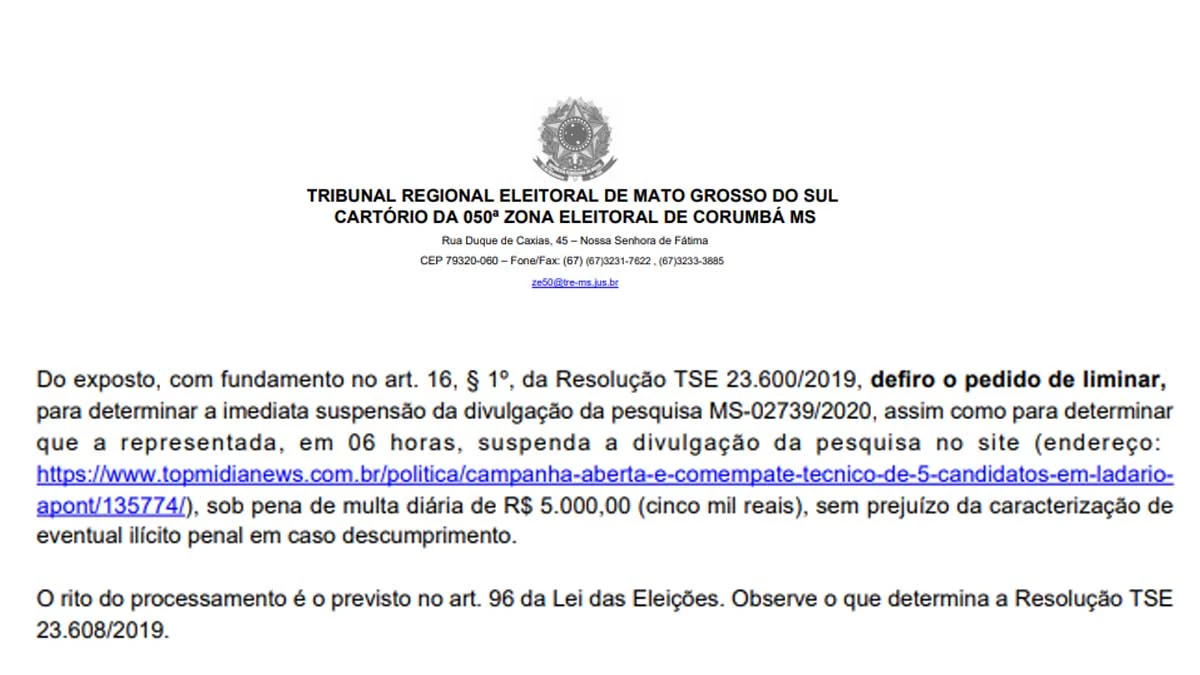 Você está visualizando atualmente Justiça Eleitoral suspende pesquisa com registro irregular realizada em Ladário