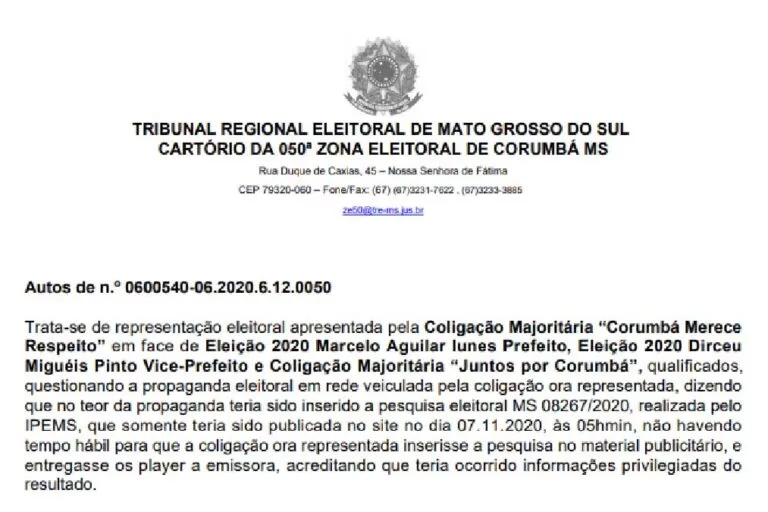 Justiça intima coligação para explicar suposto acesso a informações antecipadas sobre pesquisa em Corumbá