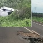 Carro capota após passar em buraco e criança sai em busca de ajuda para família na BR-262