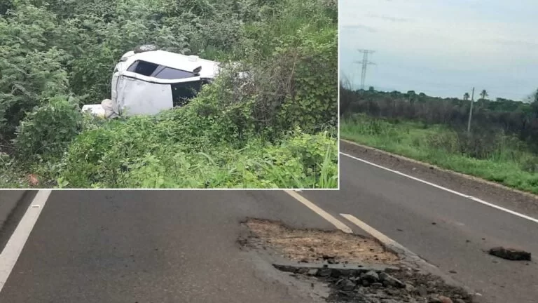 Carro capota após passar em buraco e criança sai em busca de ajuda para família na BR-262