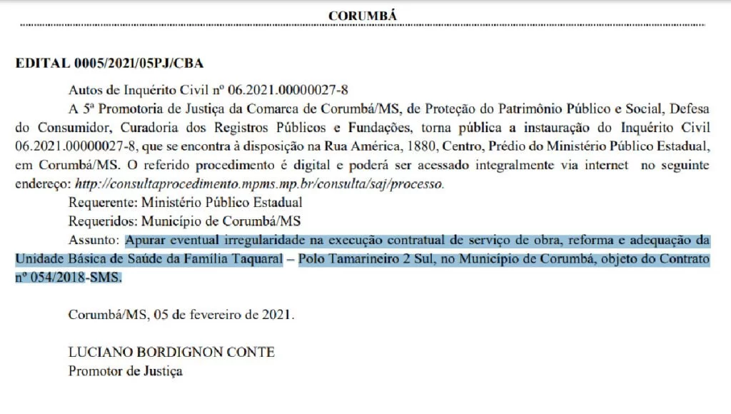 contrato prefeitura de Corumbá