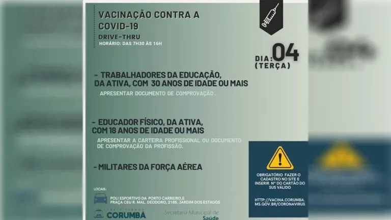 Professores, educadores físicos e militares serão vacinados nesta terça