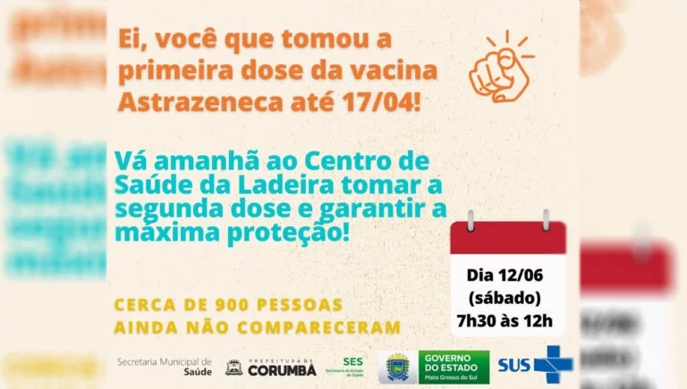 Em Corumbá 900 pessoas deixaram de tomar a 2ª dose da vacina AstraZeneca