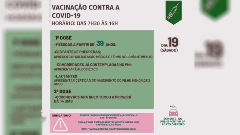 Com chegada de novas doses Corumbá abre vacinação para pessoas a partir de 39 anos