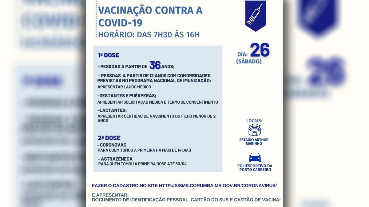 Você está visualizando atualmente No sábado (26), Corumbá abre vacinação para pessoas a partir dos 36 anos