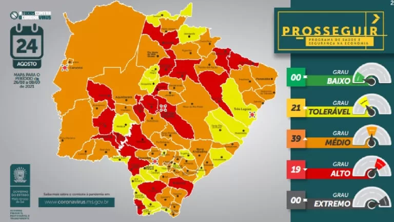 Prosseguir: Novo mapa de risco aponta que 39 municípios estão na bandeira laranja