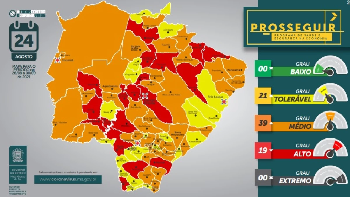 Leia mais sobre o artigo Prosseguir: Novo mapa de risco aponta que 39 municípios estão na bandeira laranja