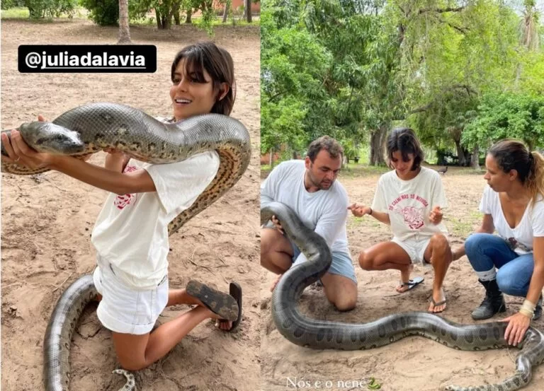Atriz Julia Dalavia é clicada segurando sucuri gigante no Pantanal