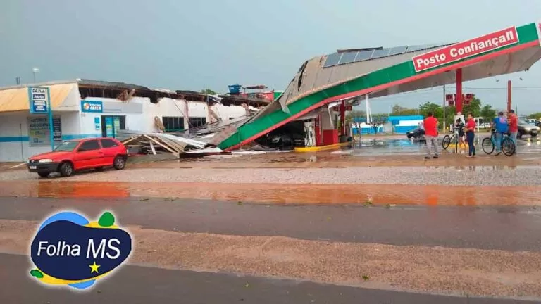 Vendaval destrói cobertura de posto de combustível em Bodoquena | vídeo
