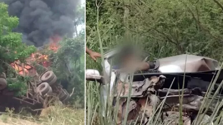 Carreta pega fogo em acidente com mortes na BR-262 entre Miranda e Corumbá