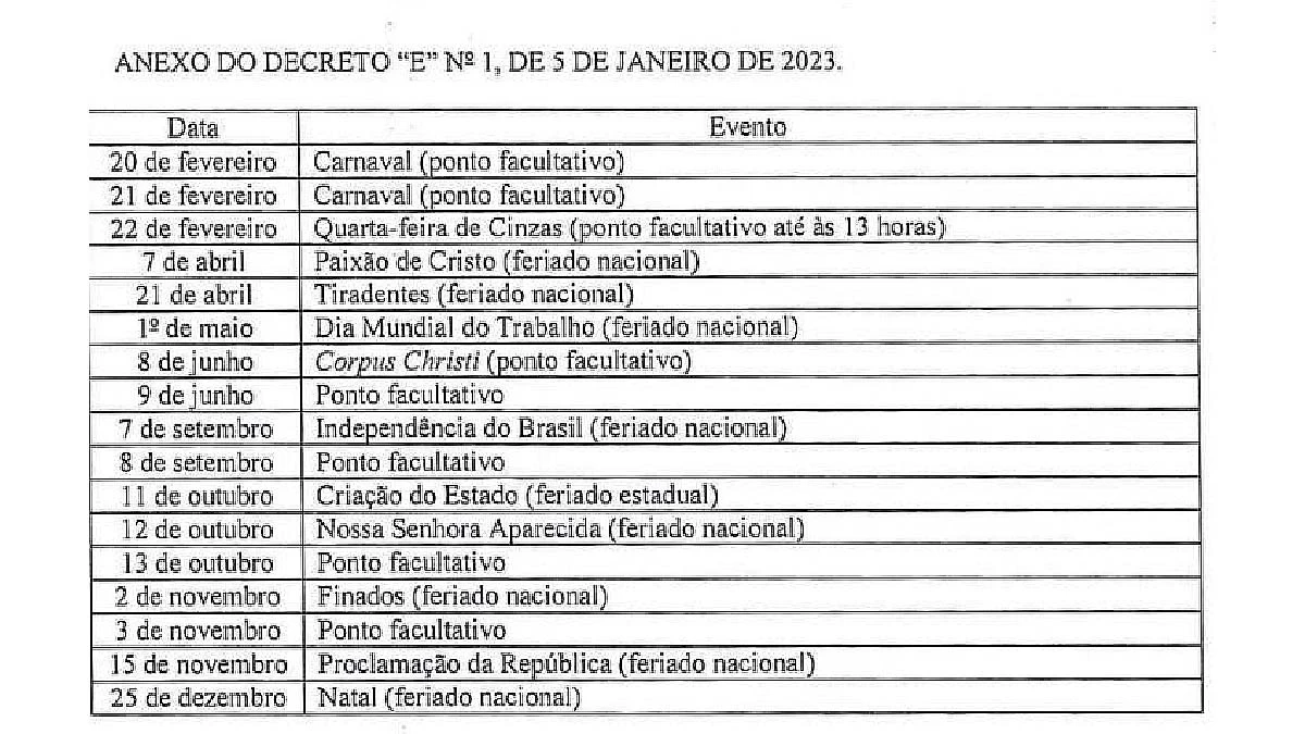 Leia mais sobre o artigo Diário Oficial publica calendário de Feriados e Pontos Facultativos em MS