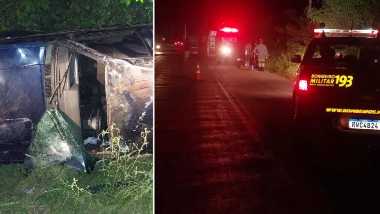 Carro com três pessoas capota no Anel Viário de Corumbá