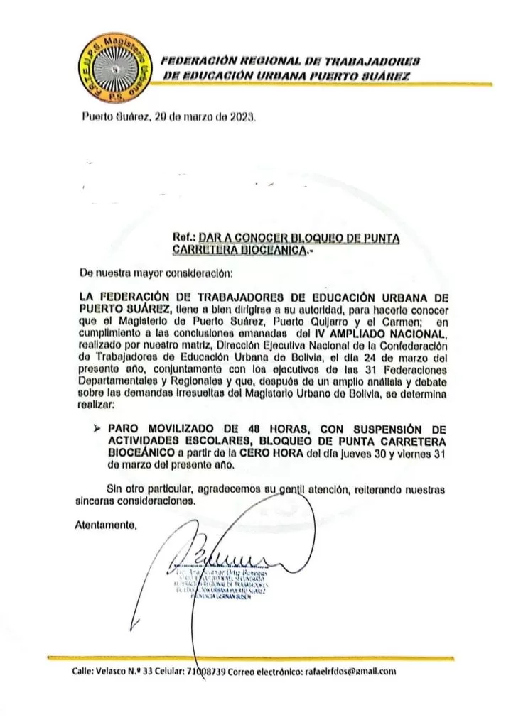 manifesto professores bolivianos