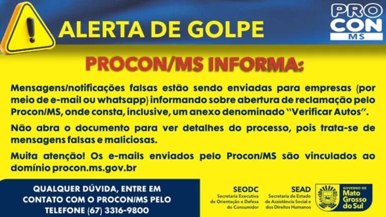 Procon-MS emite alerta sobre mensagens falsas de notificações direcionadas a empresas