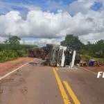 Carreta carregada com toras de eucalipto tomba e interdita trânsito na BR-262