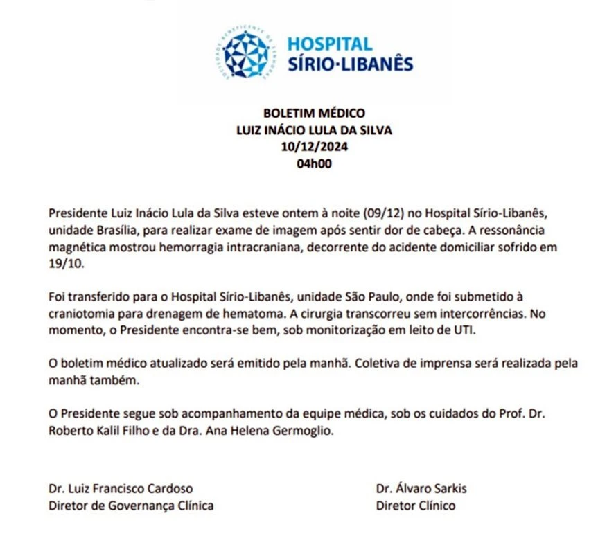 Boletim médico sobre cirurgia de emergência realizada pelo presidente Lula