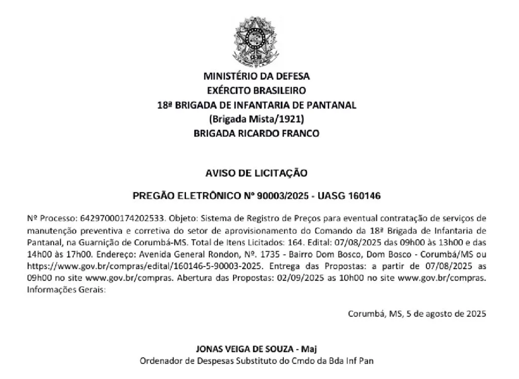Comando da 18ª Brigada abre licitação para serviços de manutenção em Corumbá 1 licitacao brigada Licitação